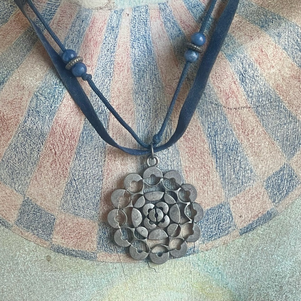 Blue Velvet & Woven Double Strand Necklace with Metal Flower Mandala Pendant